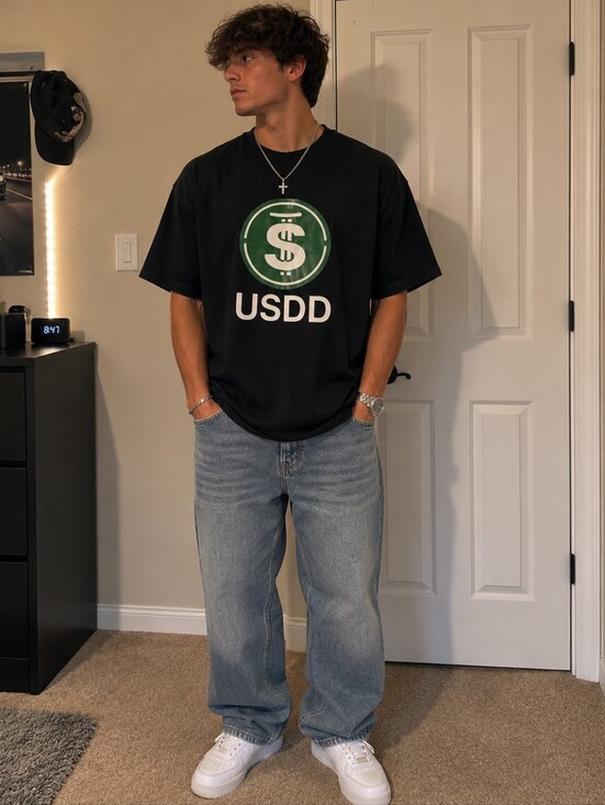 USDD Other - USDD Blockchain Stablecoin Logo Black Graphic T-Shirt Men's XL Crew Neck Tee